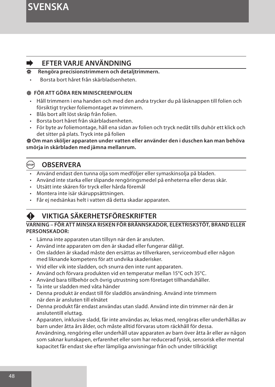 Svenska, Eefter varje användning, Aobservera | Fviktiga säkerhetsföreskrifter | Remington WPG4030 User Manual | Page 48 / 134