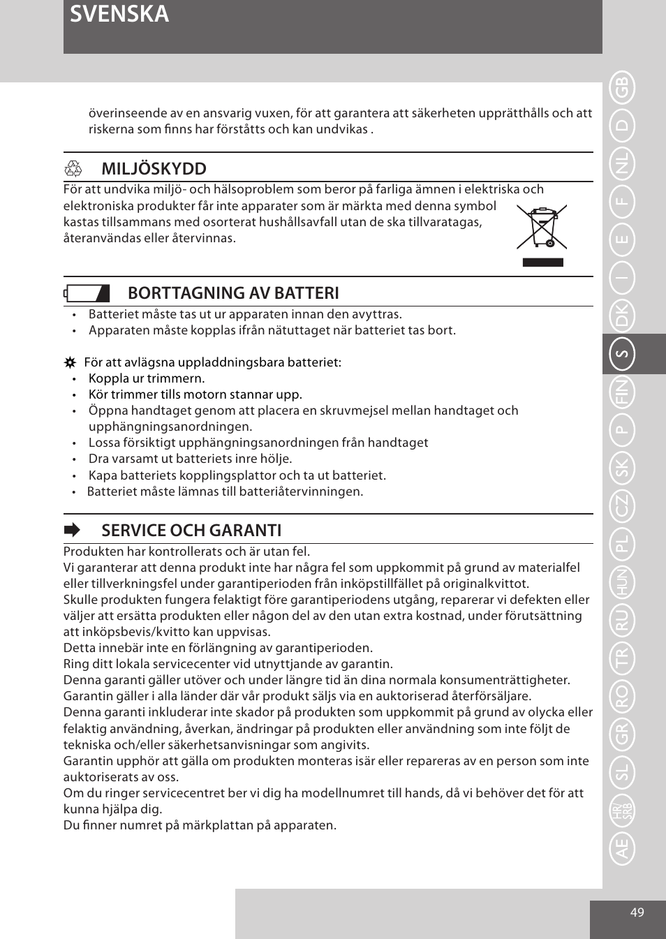 Svenska, Hmiljöskydd, Borttagning av batteri | Eservice och garanti | Remington WPG4030 User Manual | Page 49 / 134