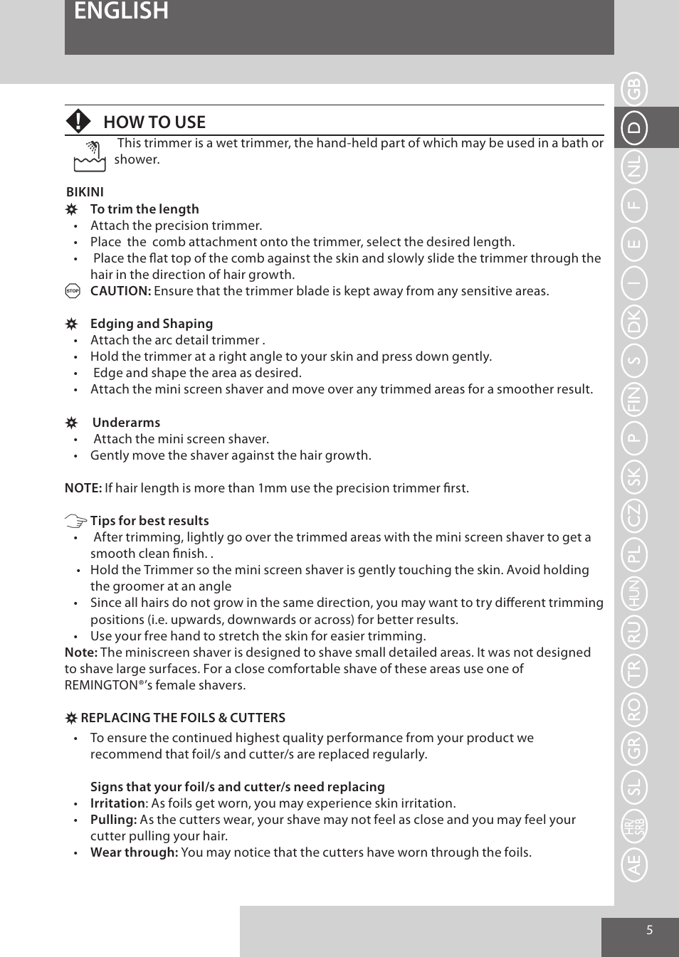 English, How to use | Remington WPG4030 User Manual | Page 5 / 134