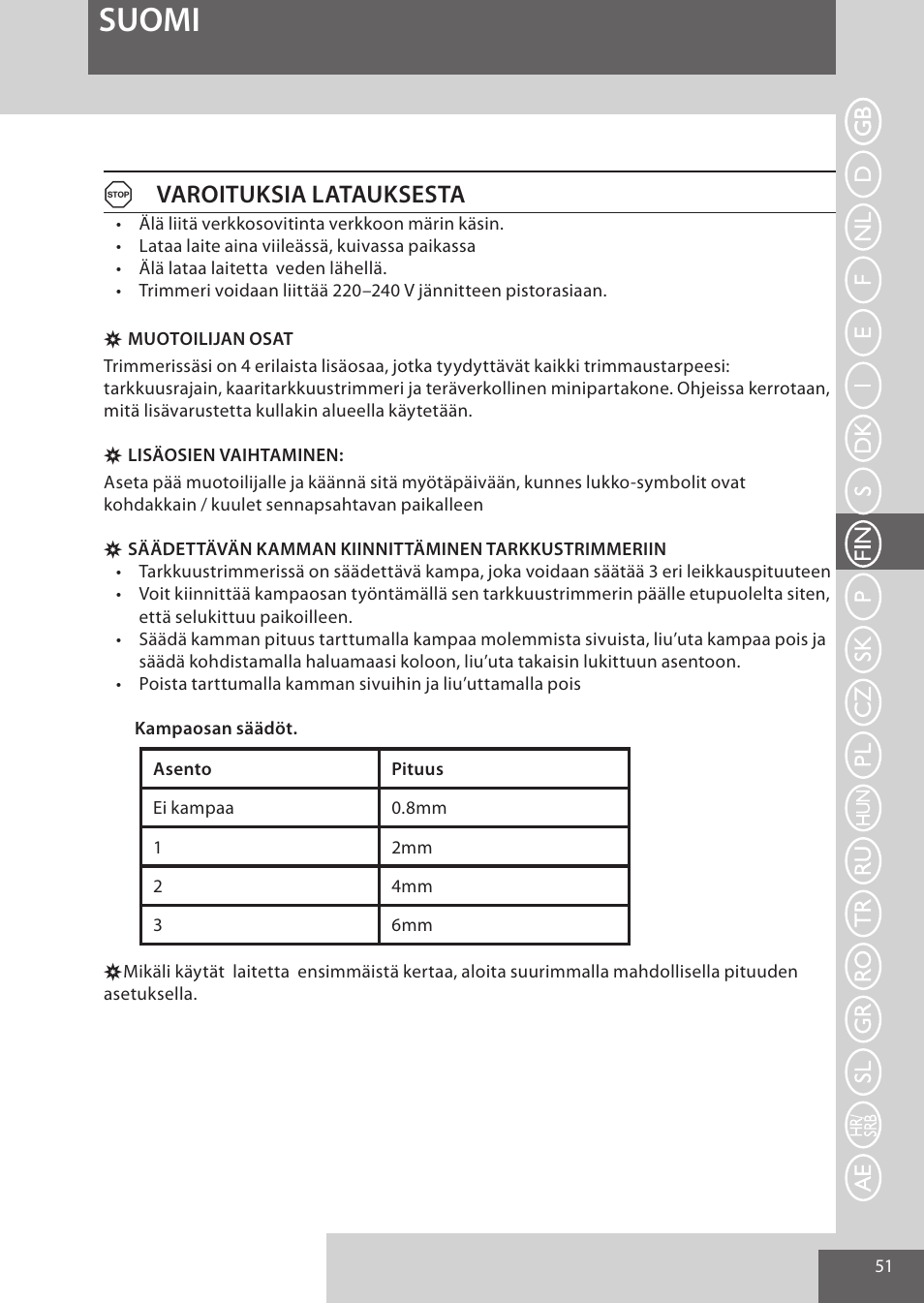 Suomi, Avaroituksia latauksesta | Remington WPG4030 User Manual | Page 51 / 134