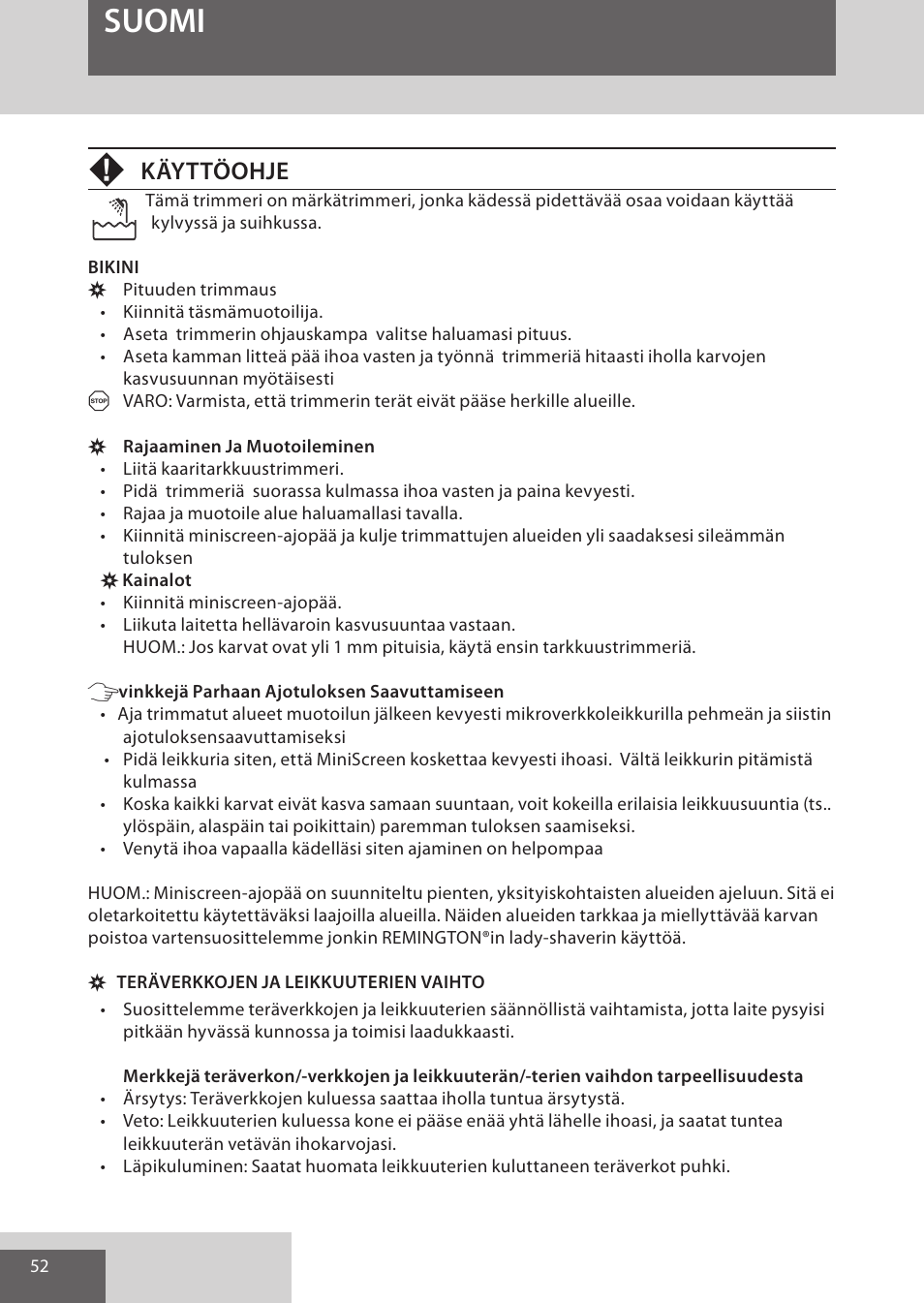 Suomi, Käyttöohje | Remington WPG4030 User Manual | Page 52 / 134