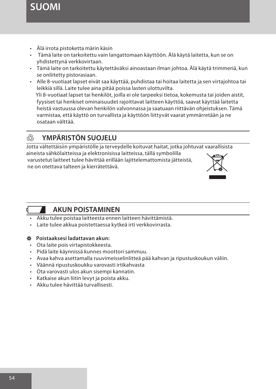 Suomi, Hympäristön suojelu, Akun poistaminen | Remington WPG4030 User Manual | Page 54 / 134