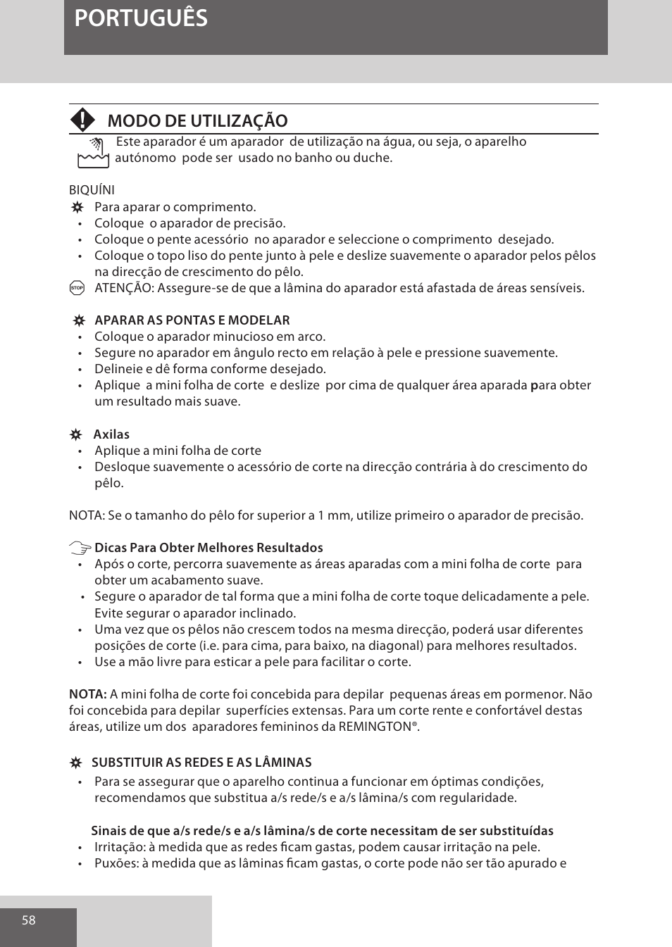 Português, Modo de utilização | Remington WPG4030 User Manual | Page 58 / 134