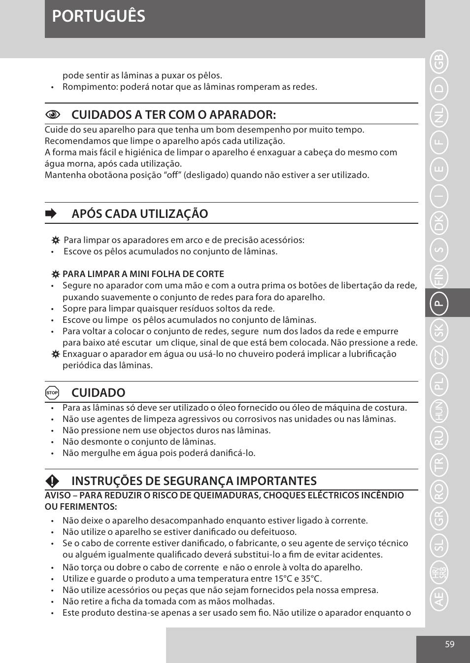 Português, Ccuidados a ter com o aparador, Eapós cada utilização | Acuidado, Finstruções de segurança importantes | Remington WPG4030 User Manual | Page 59 / 134