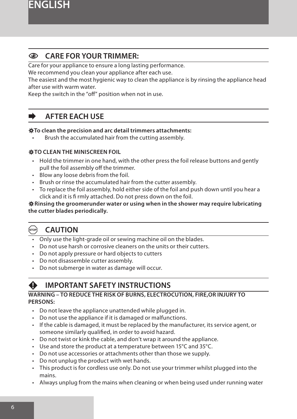 English, Ccare for your trimmer, Eafter each use | Acaution, Fimportant safety instructions | Remington WPG4030 User Manual | Page 6 / 134