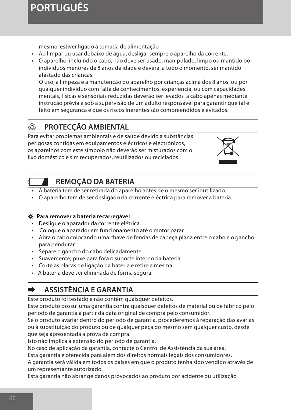 Português, Hprotecção ambiental, Remoção da bateria | Eassistência e garantia | Remington WPG4030 User Manual | Page 60 / 134