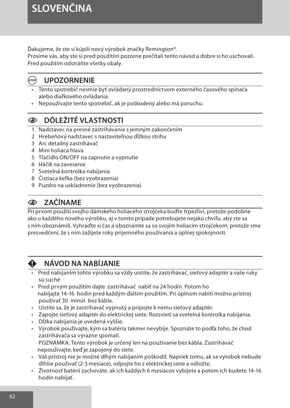 Slovenčina, Aupozornenie, Dôležité vlastnosti | Czačíname, Fnávod na nabíjanie | Remington WPG4030 User Manual | Page 62 / 134