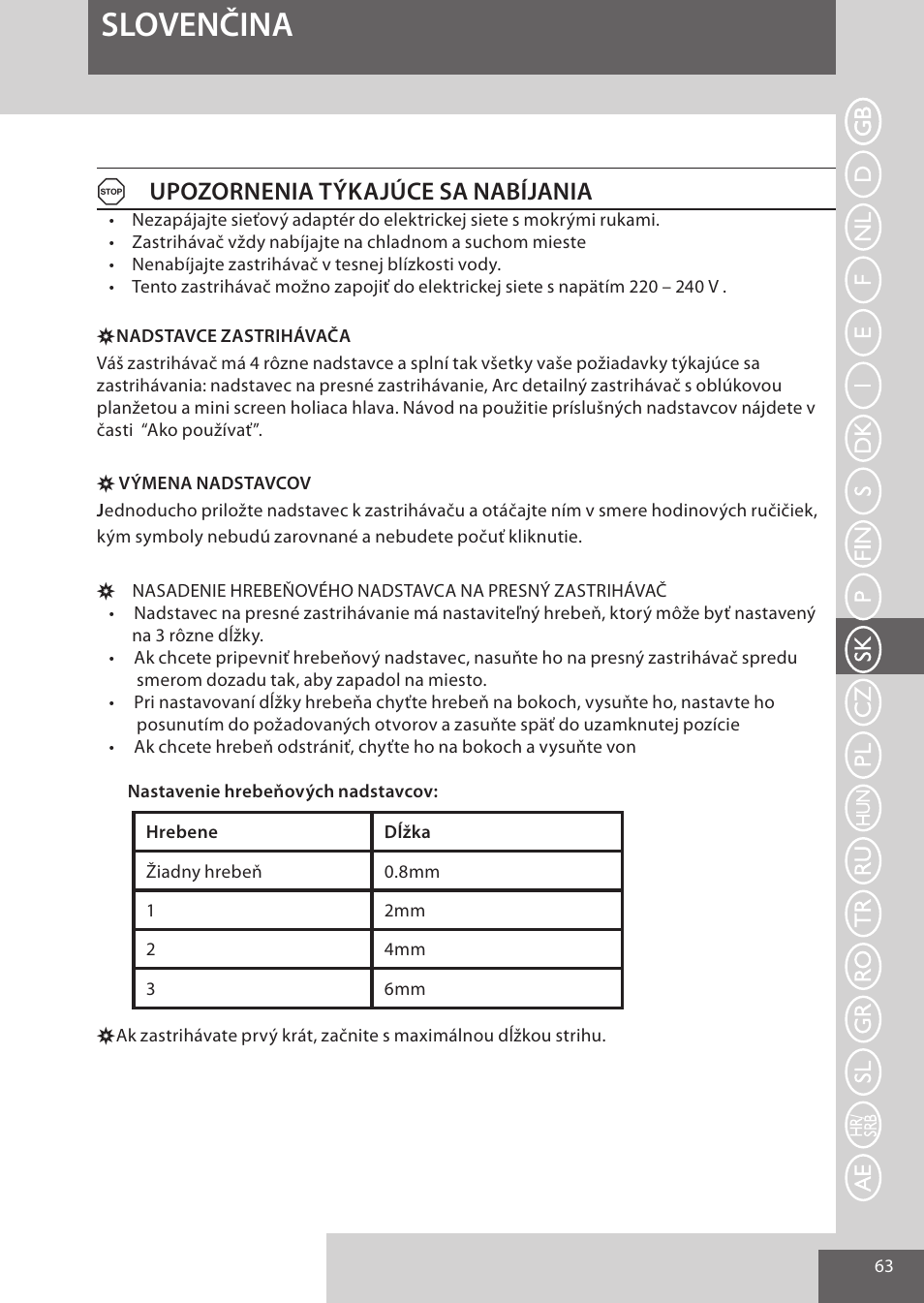 Slovenčina, Aupozornenia týkajúce sa nabíjania | Remington WPG4030 User Manual | Page 63 / 134