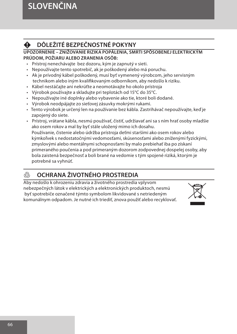 Slovenčina, Fdôležité bezpečnostné pokyny, Hochrana životného prostredia | Remington WPG4030 User Manual | Page 66 / 134