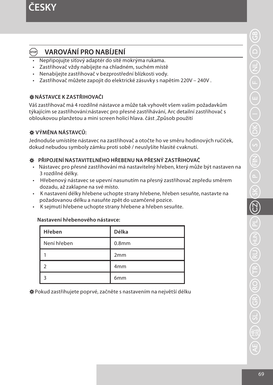 Česky, Avarování pro nabíjení | Remington WPG4030 User Manual | Page 69 / 134
