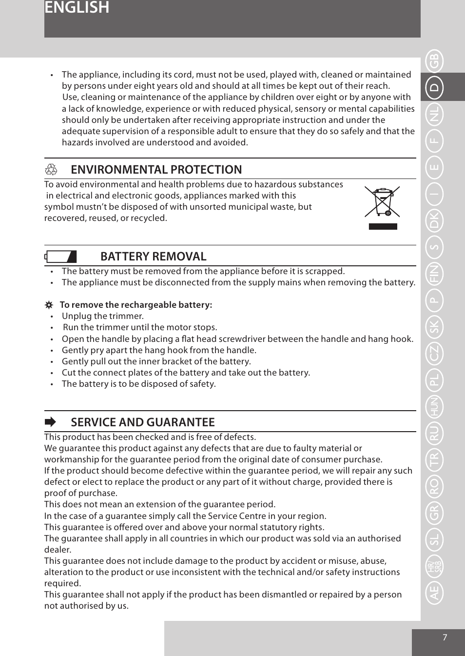 English, Henvironmental protection, Battery removal | Eservice and guarantee | Remington WPG4030 User Manual | Page 7 / 134
