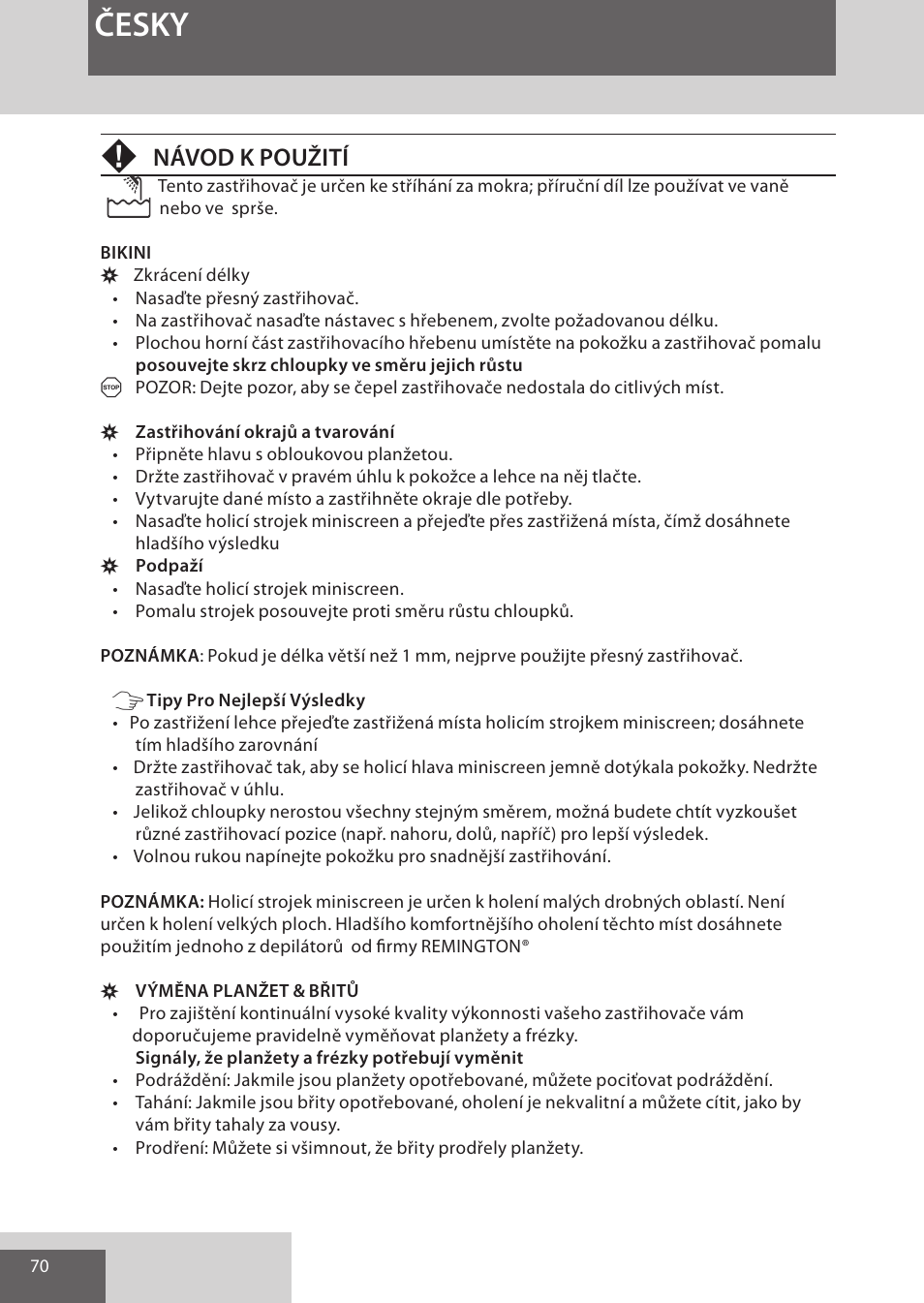 Česky, Návod k použití | Remington WPG4030 User Manual | Page 70 / 134