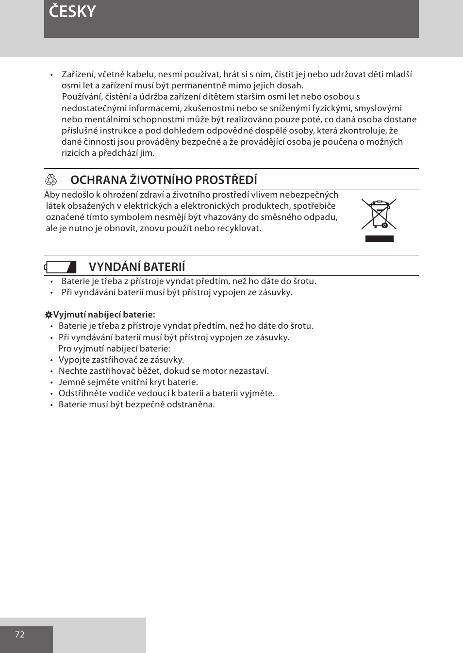 Česky, Hochrana životního prostředí, Vyndání baterií | Remington WPG4030 User Manual | Page 72 / 134