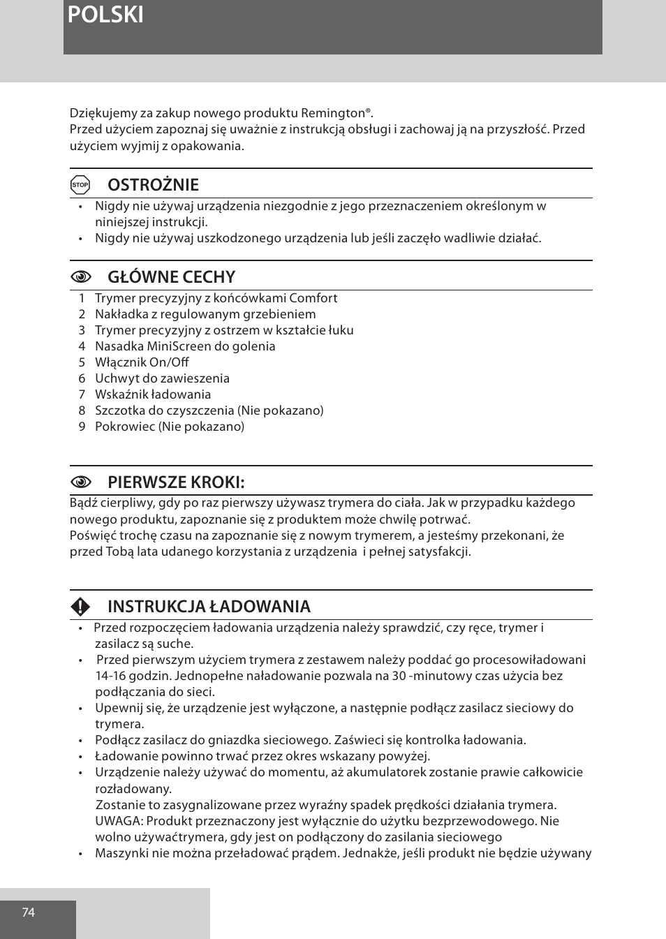 Polski, Aostrożnie, Cgłówne cechy | Cpierwsze kroki, Finstrukcja ładowania | Remington WPG4030 User Manual | Page 74 / 134
