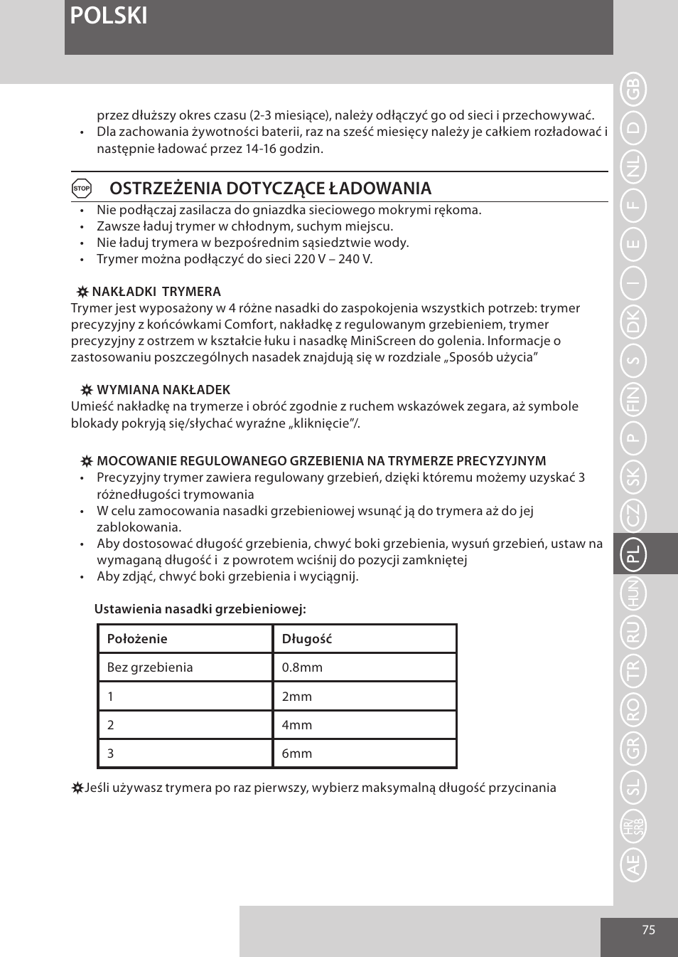 Polski, Aostrzeżenia dotyczące ładowania | Remington WPG4030 User Manual | Page 75 / 134