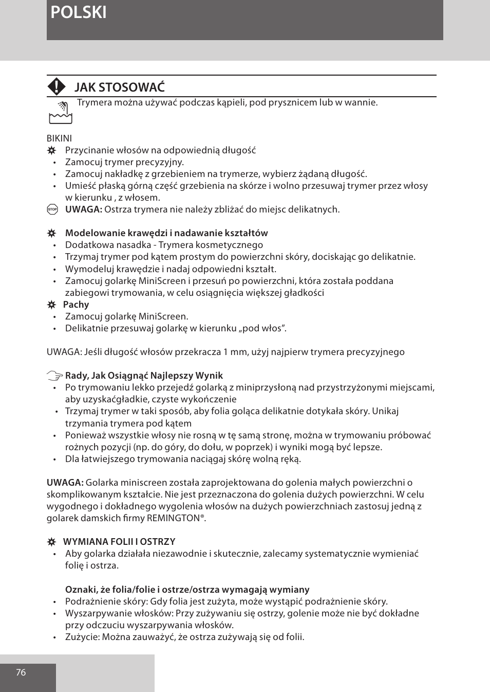 Polski, Jak stosować | Remington WPG4030 User Manual | Page 76 / 134