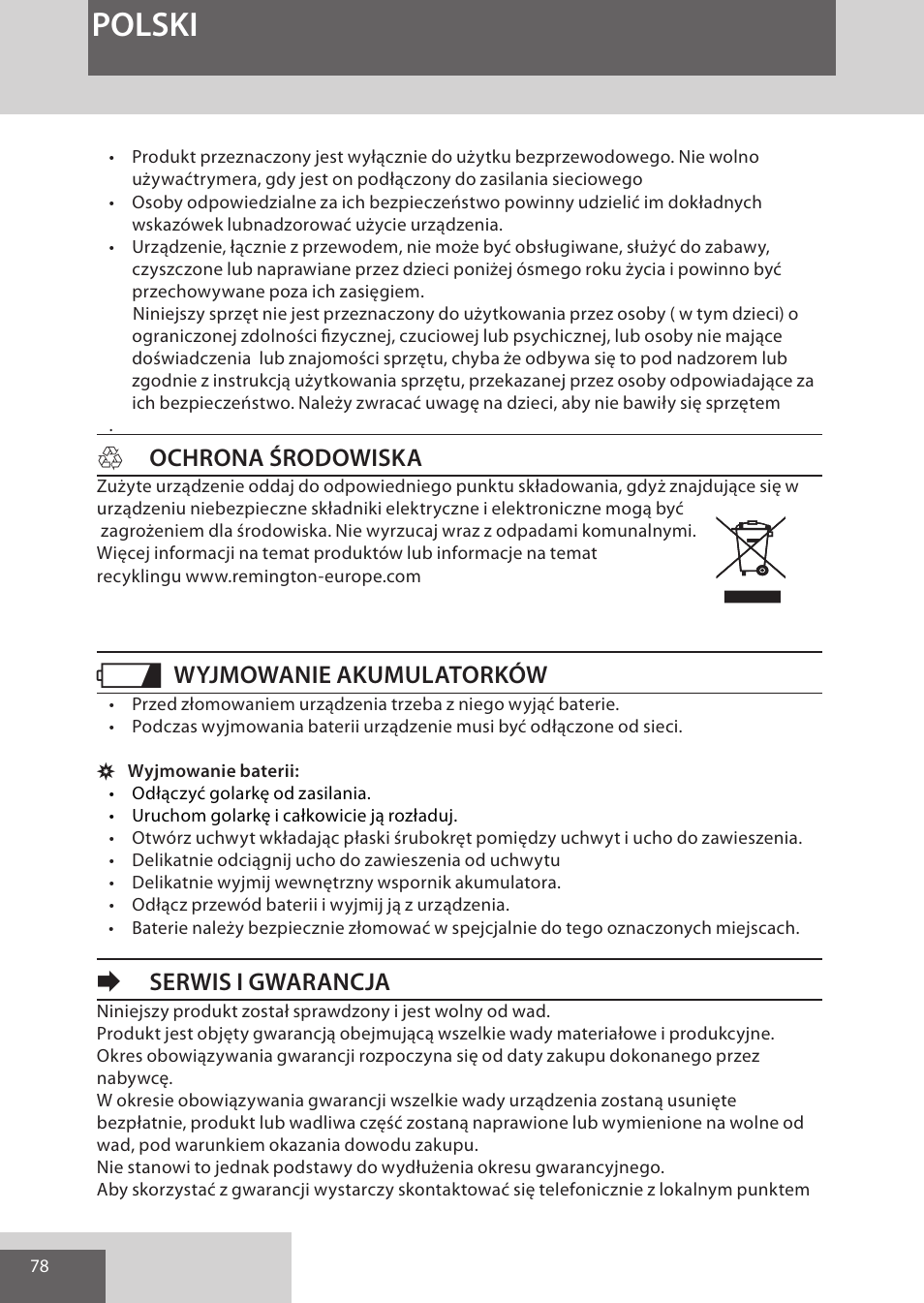Polski, Hochrona środowiska, Wyjmowanie akumulatorków | Eserwis i gwarancja | Remington WPG4030 User Manual | Page 78 / 134