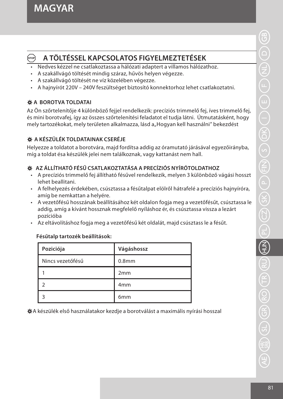 Magyar, Aa töltéssel kapcsolatos figyelmeztetések | Remington WPG4030 User Manual | Page 81 / 134