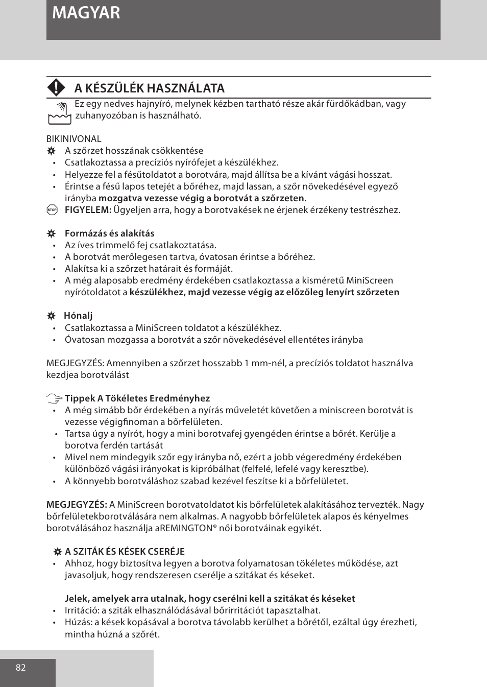 Magyar, A készülék használata | Remington WPG4030 User Manual | Page 82 / 134