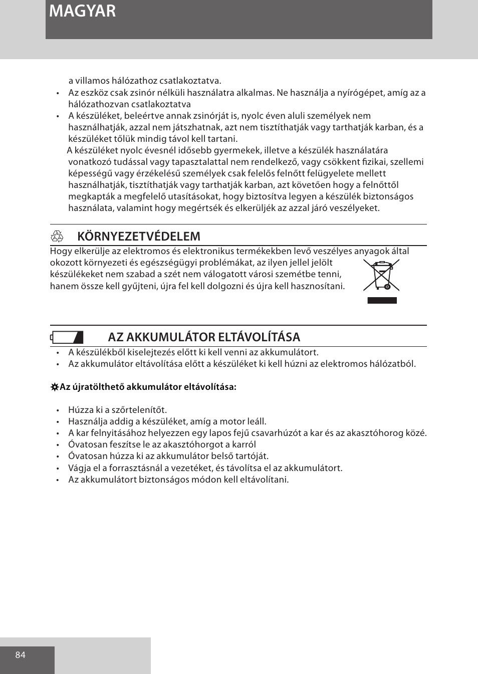 Magyar, Hkörnyezetvédelem, Az akkumulátor eltávolítása | Remington WPG4030 User Manual | Page 84 / 134