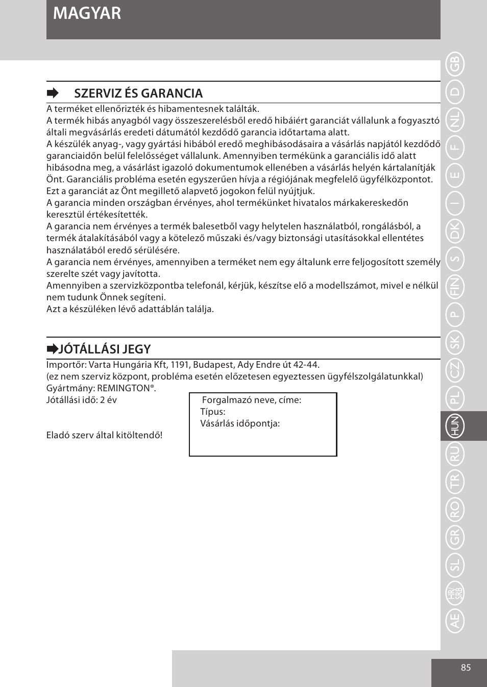 Magyar, Eszerviz és garancia, Ejótállási jegy | Remington WPG4030 User Manual | Page 85 / 134