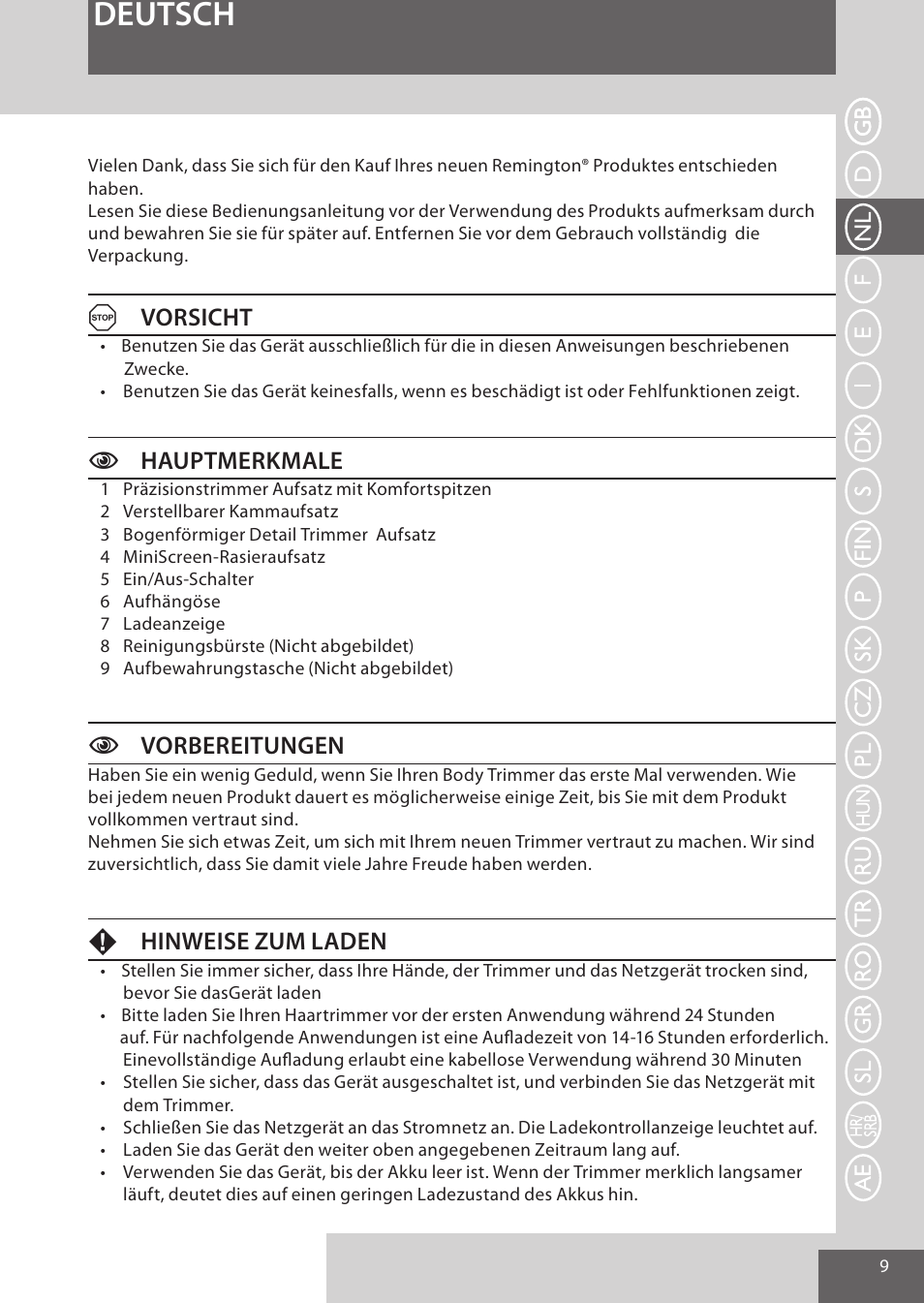Deutsch, Avorsicht, Chauptmerkmale | Cvorbereitungen, Fhinweise zum laden | Remington WPG4030 User Manual | Page 9 / 134