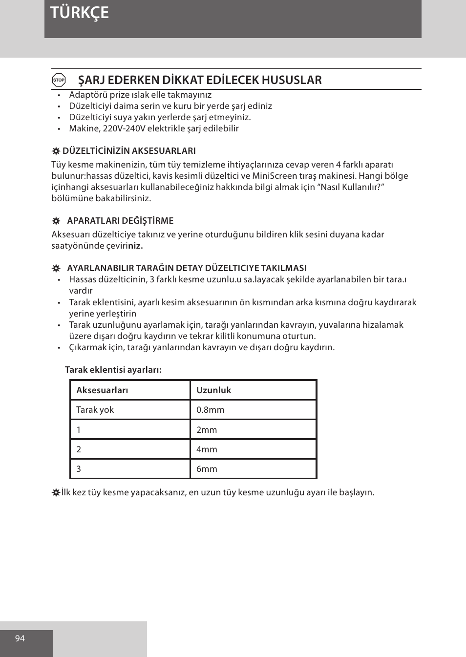 Türkçe, Aşarj ederken dikkat edilecek hususlar | Remington WPG4030 User Manual | Page 94 / 134