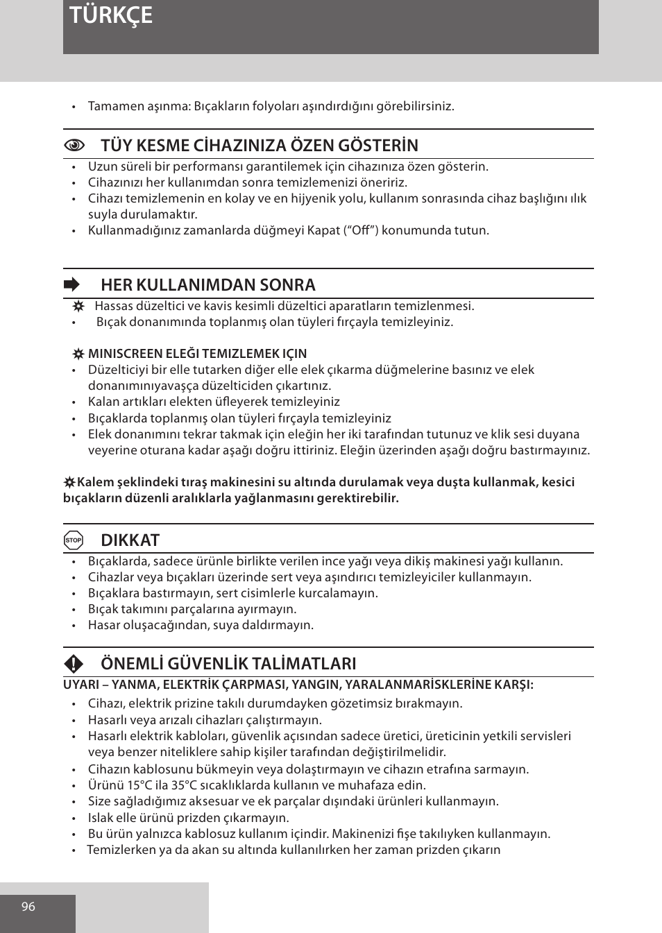 Türkçe, Ctüy kesme cihaziniza özen gösterin, Eher kullanimdan sonra | Adikkat, Fönemli güvenlik talimatlari | Remington WPG4030 User Manual | Page 96 / 134