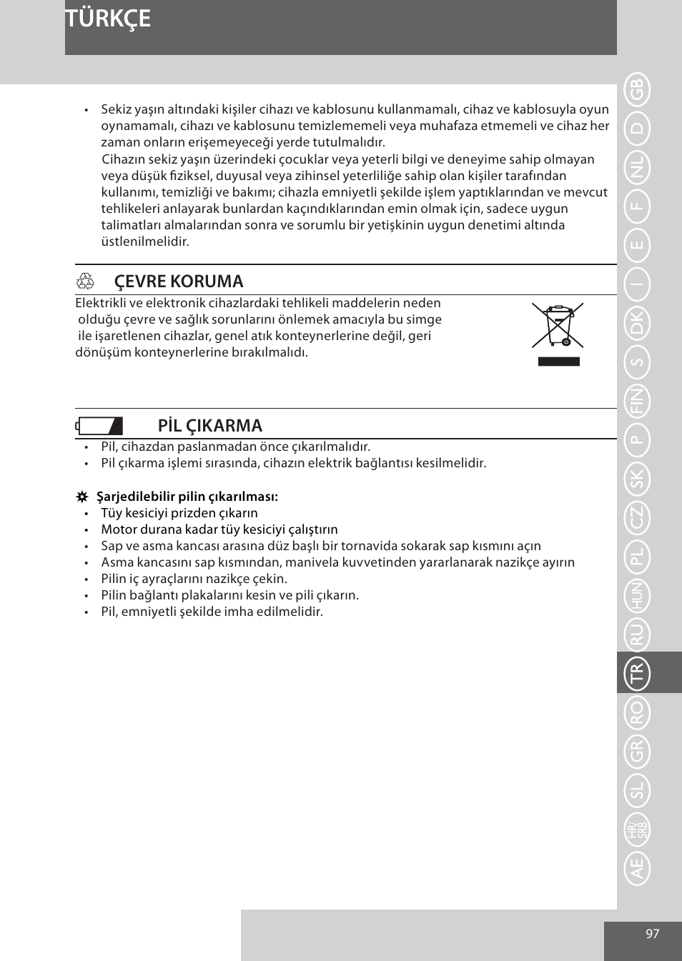 Türkçe, Hçevre koruma, Pil çikarma | Remington WPG4030 User Manual | Page 97 / 134