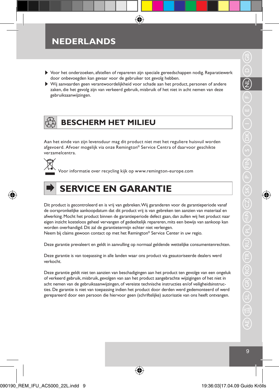 Service en garantie, Nederlands, Bescherm het milieu | Remington AC5011 User Manual | Page 11 / 68