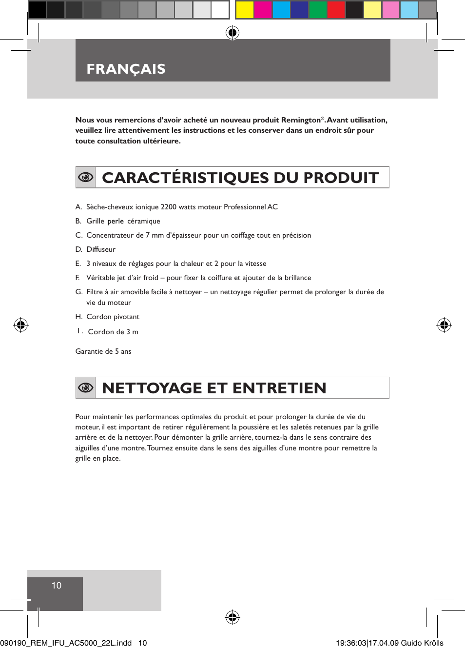 Caractéristiques du produit, Nettoyage et entretien, Français | Remington AC5011 User Manual | Page 12 / 68