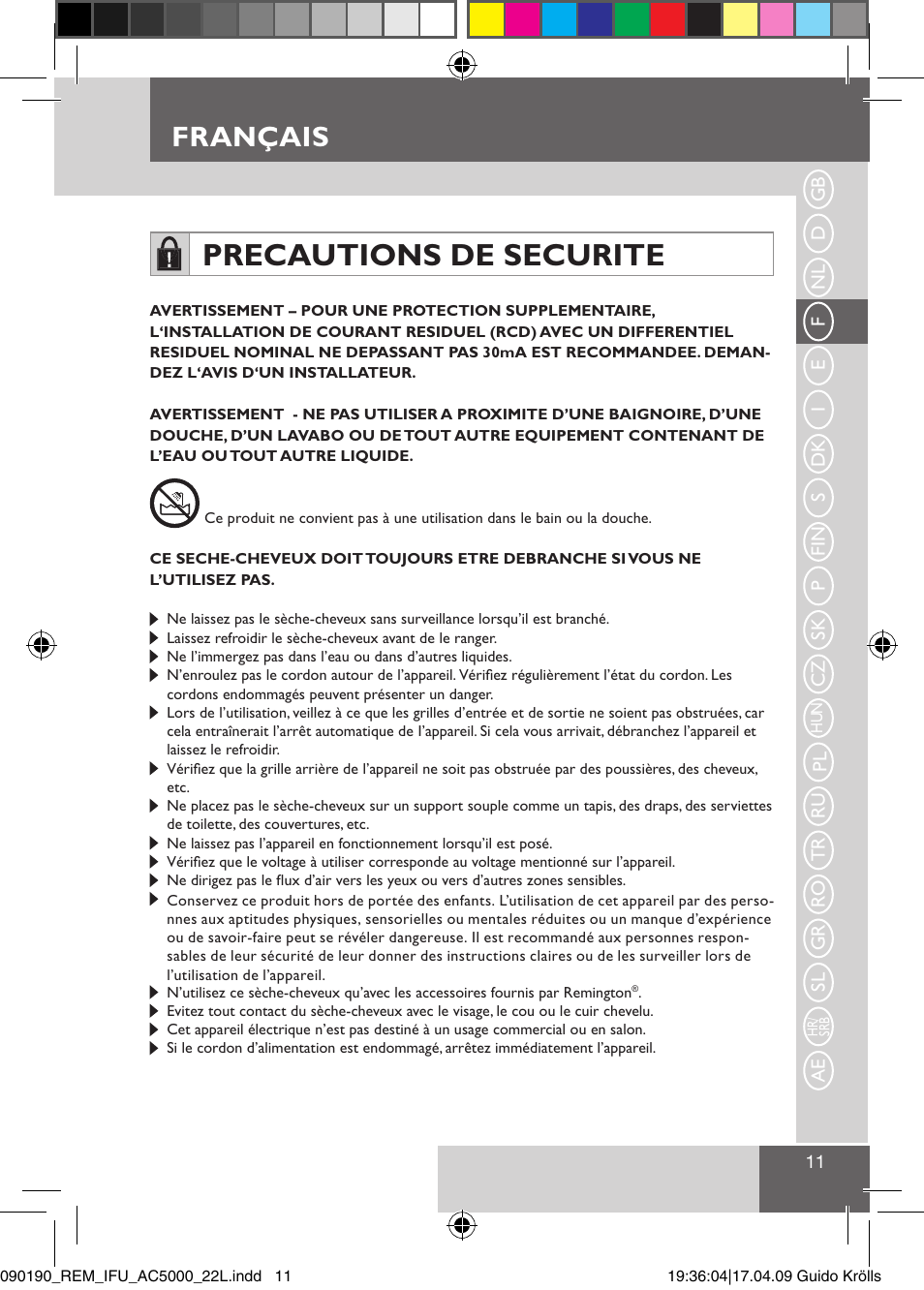 Precautions de securite, Français | Remington AC5011 User Manual | Page 13 / 68