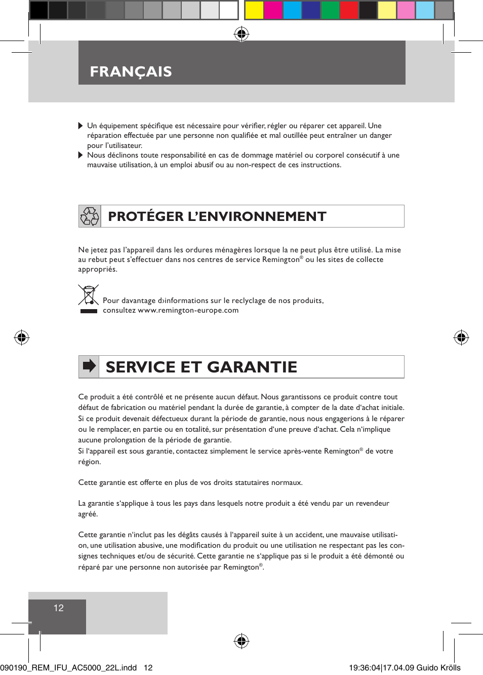 Service et garantie, Français, Protéger l’environnement | Remington AC5011 User Manual | Page 14 / 68