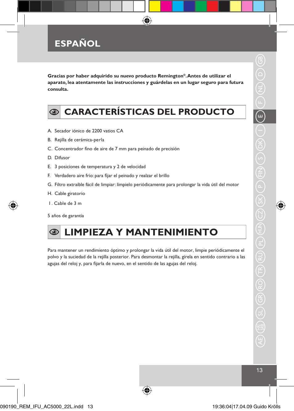 Limpieza y mantenimiento, Español, Características del producto | Remington AC5011 User Manual | Page 15 / 68