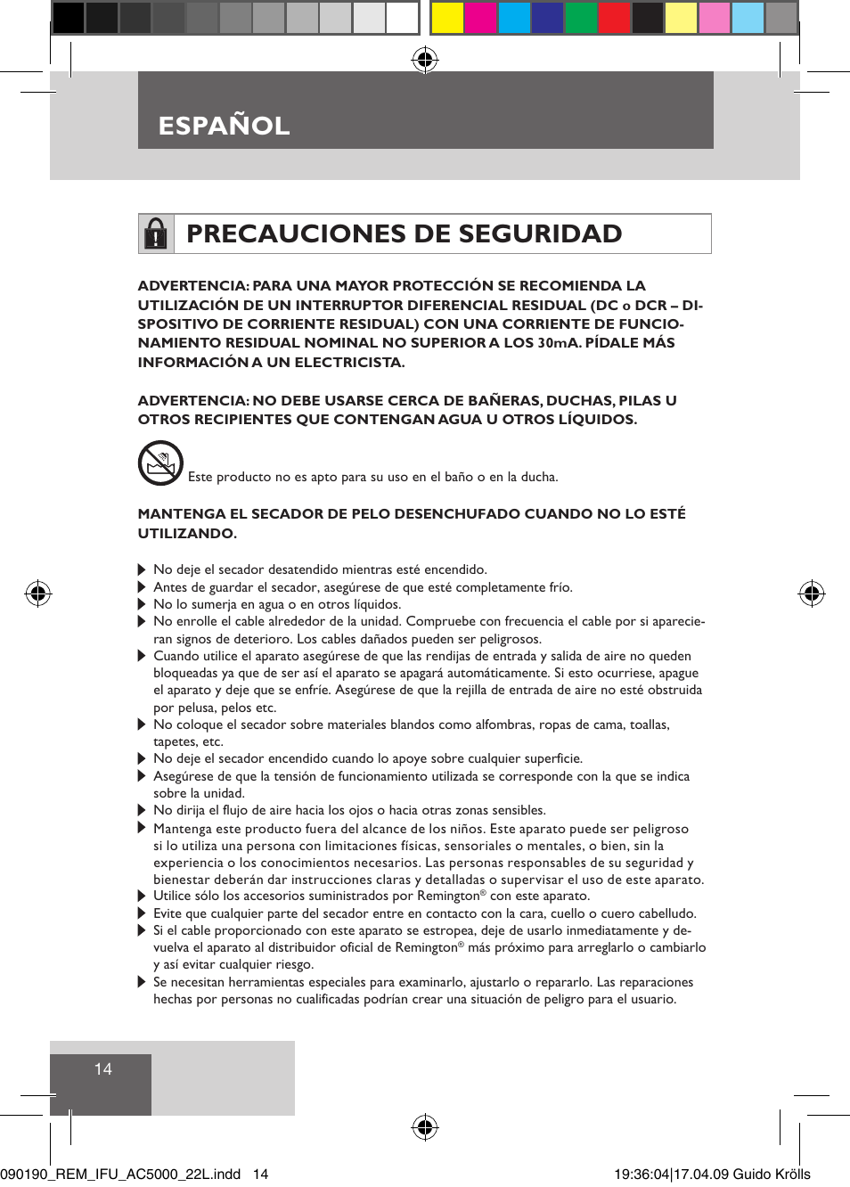 Español, Precauciones de seguridad | Remington AC5011 User Manual | Page 16 / 68