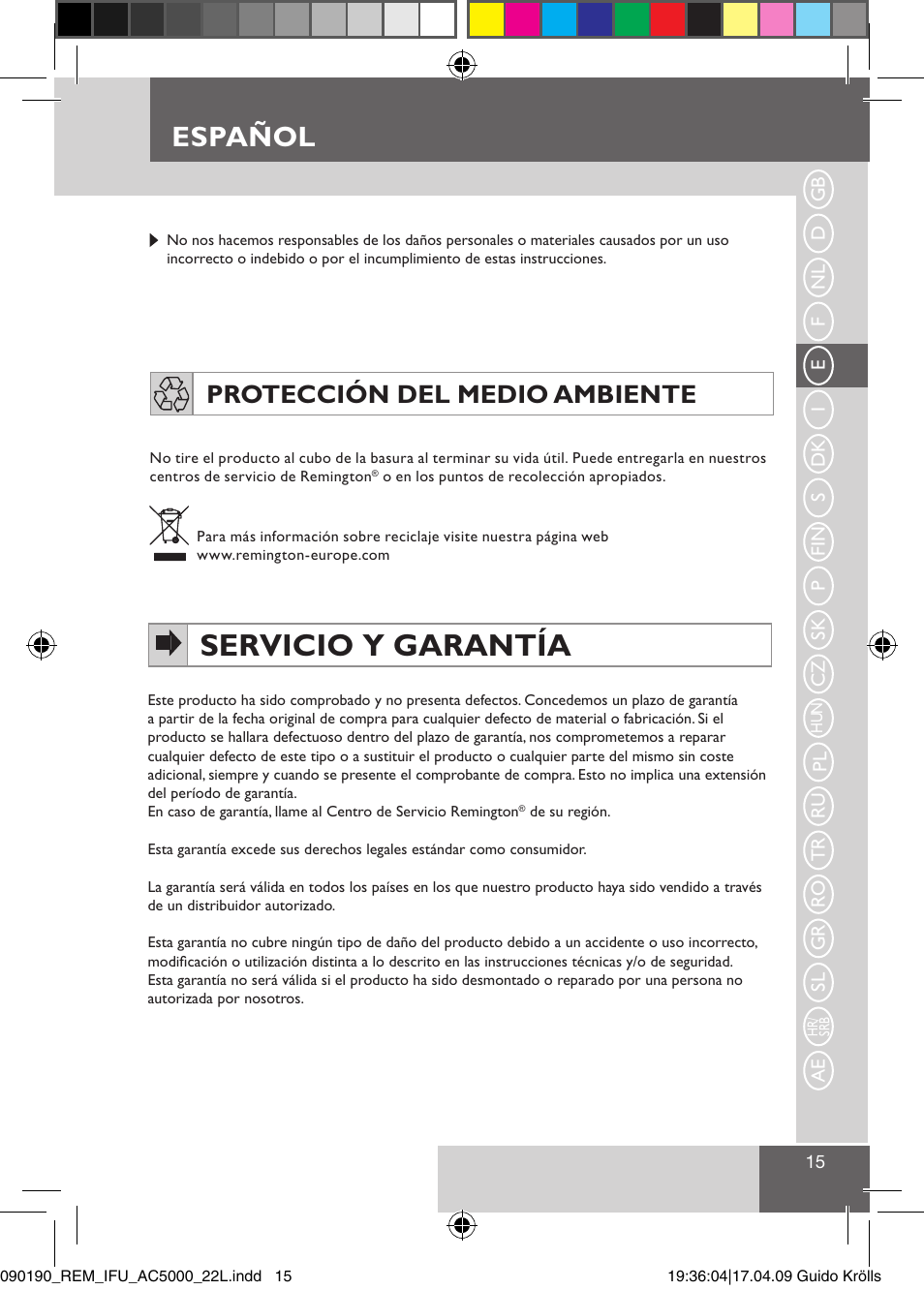 Servicio y garantía, Español, Protección del medio ambiente | Remington AC5011 User Manual | Page 17 / 68