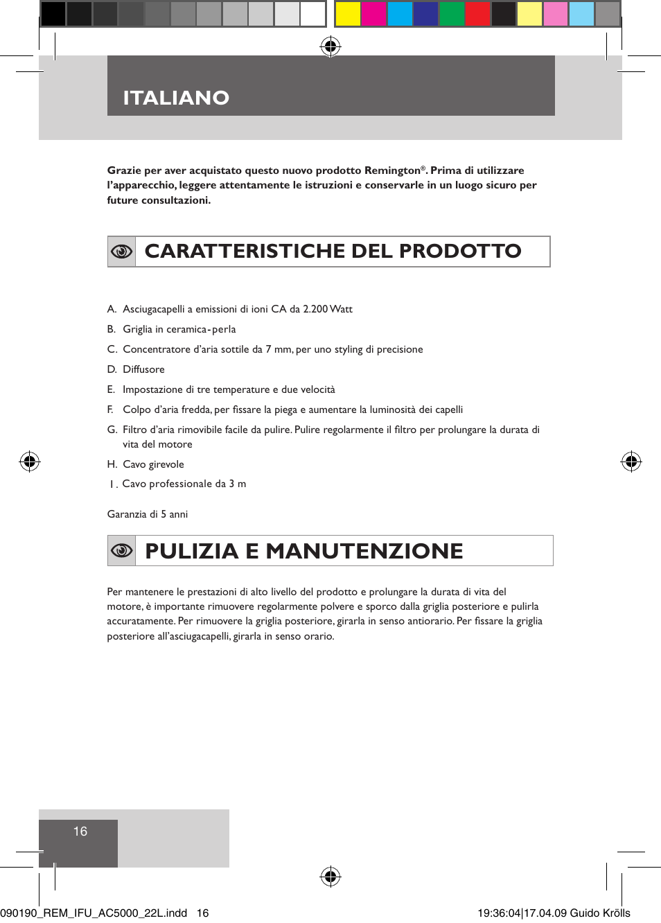 Pulizia e manutenzione, Italiano, Caratteristiche del prodotto | Remington AC5011 User Manual | Page 18 / 68