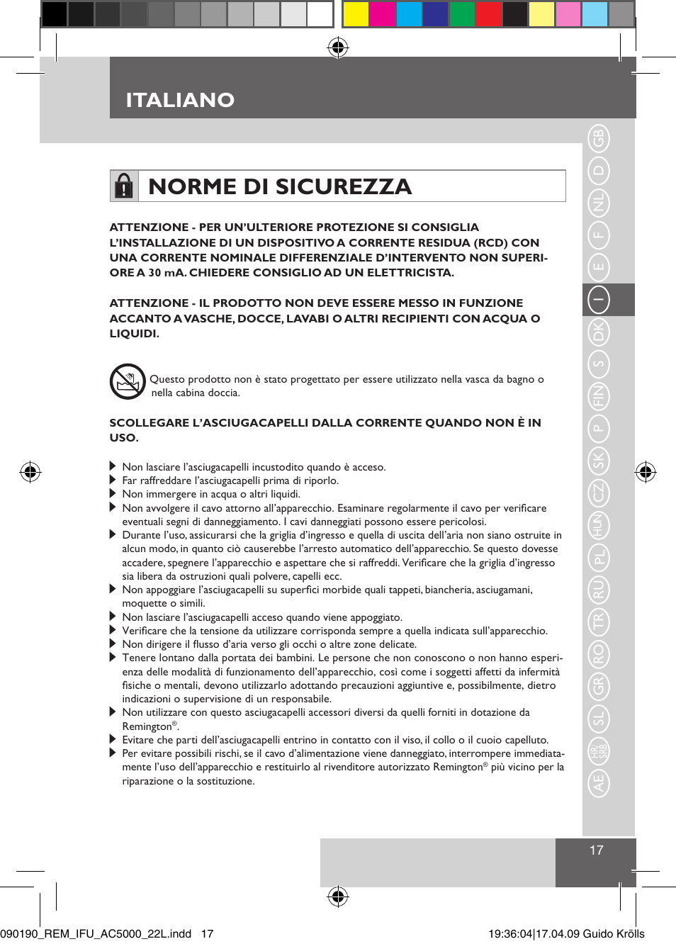 Norme di sicurezza, Italiano | Remington AC5011 User Manual | Page 19 / 68