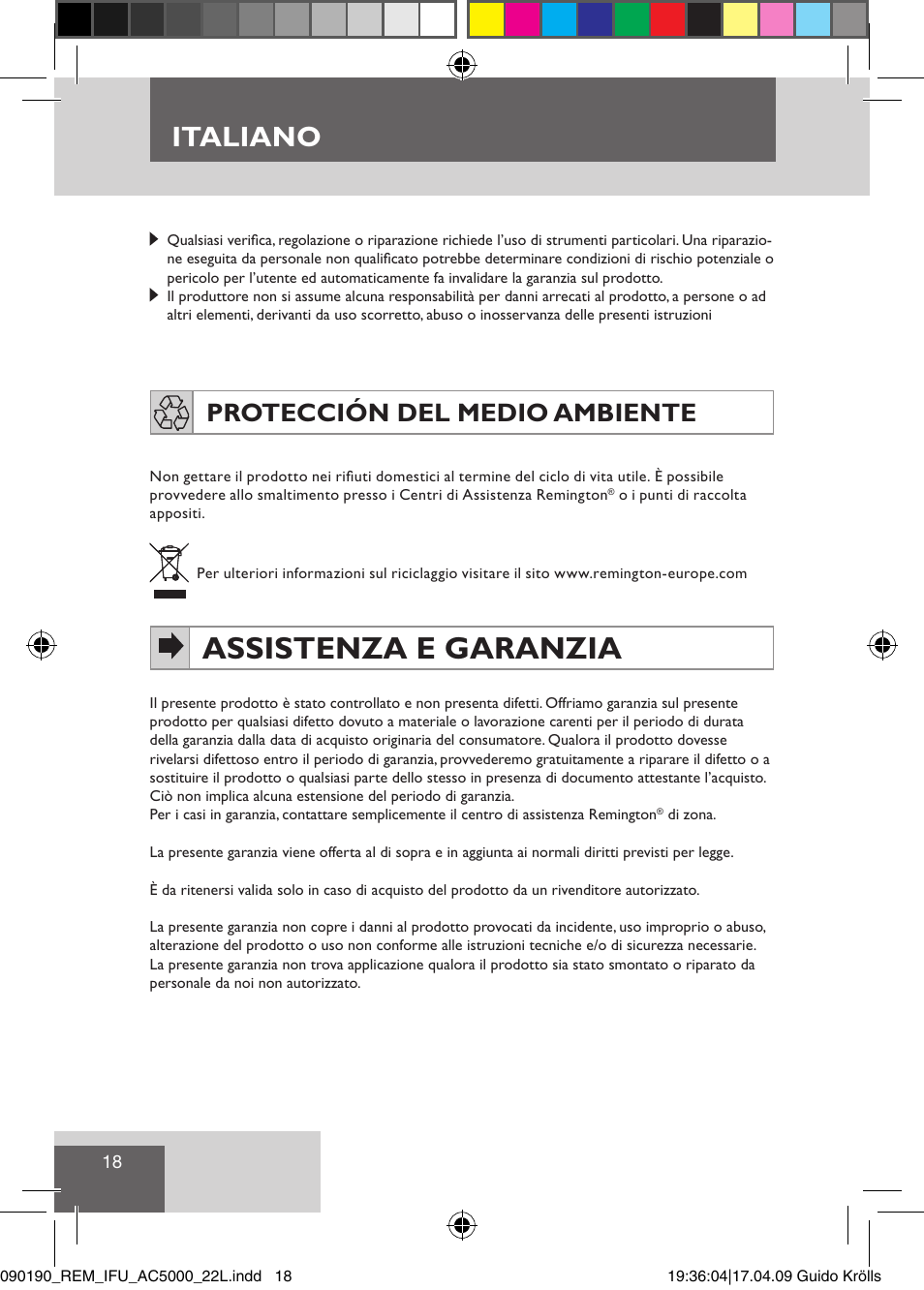 Assistenza e garanzia, Italiano, Protección del medio ambiente | Remington AC5011 User Manual | Page 20 / 68