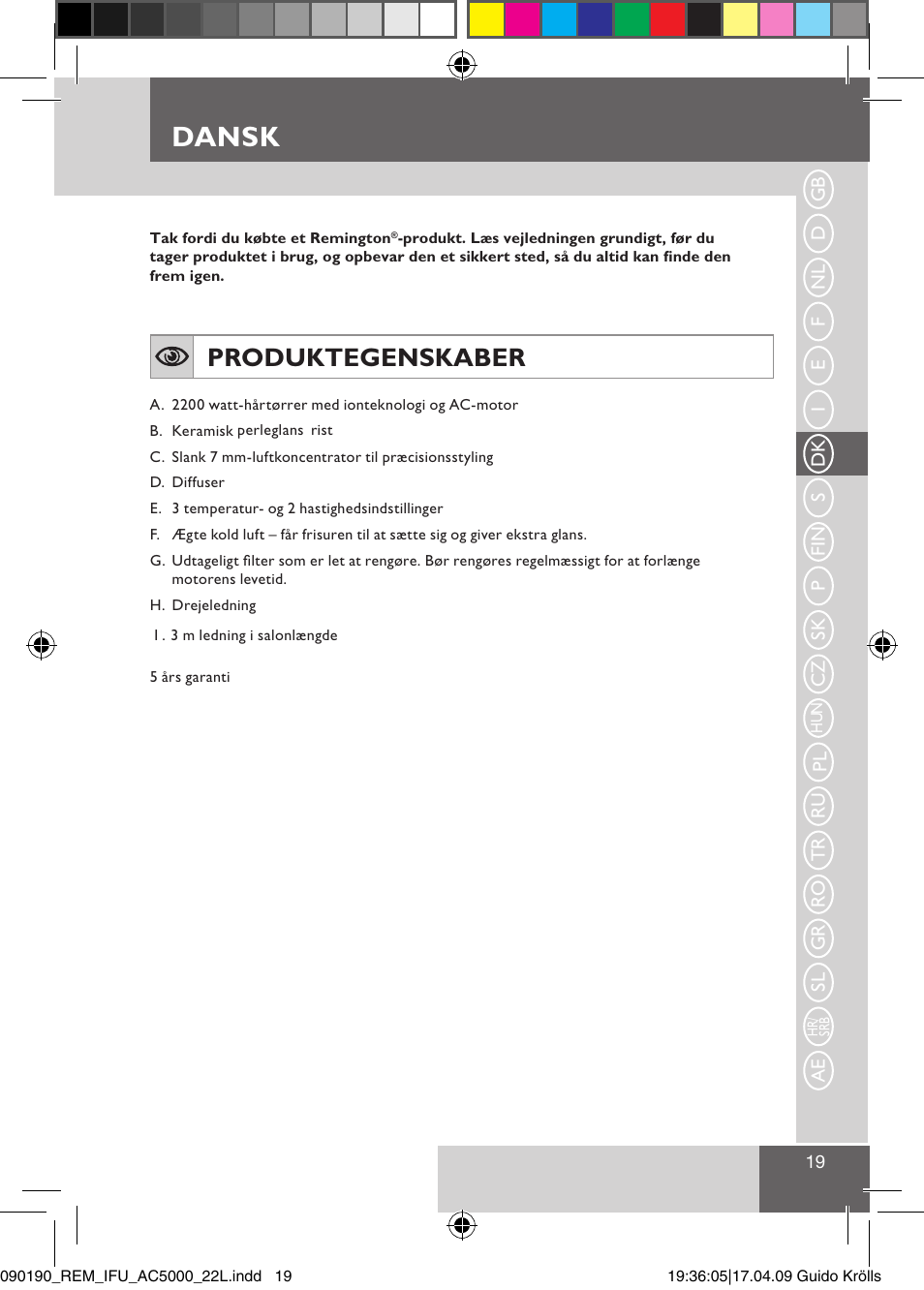 Dansk, Produktegenskaber | Remington AC5011 User Manual | Page 21 / 68