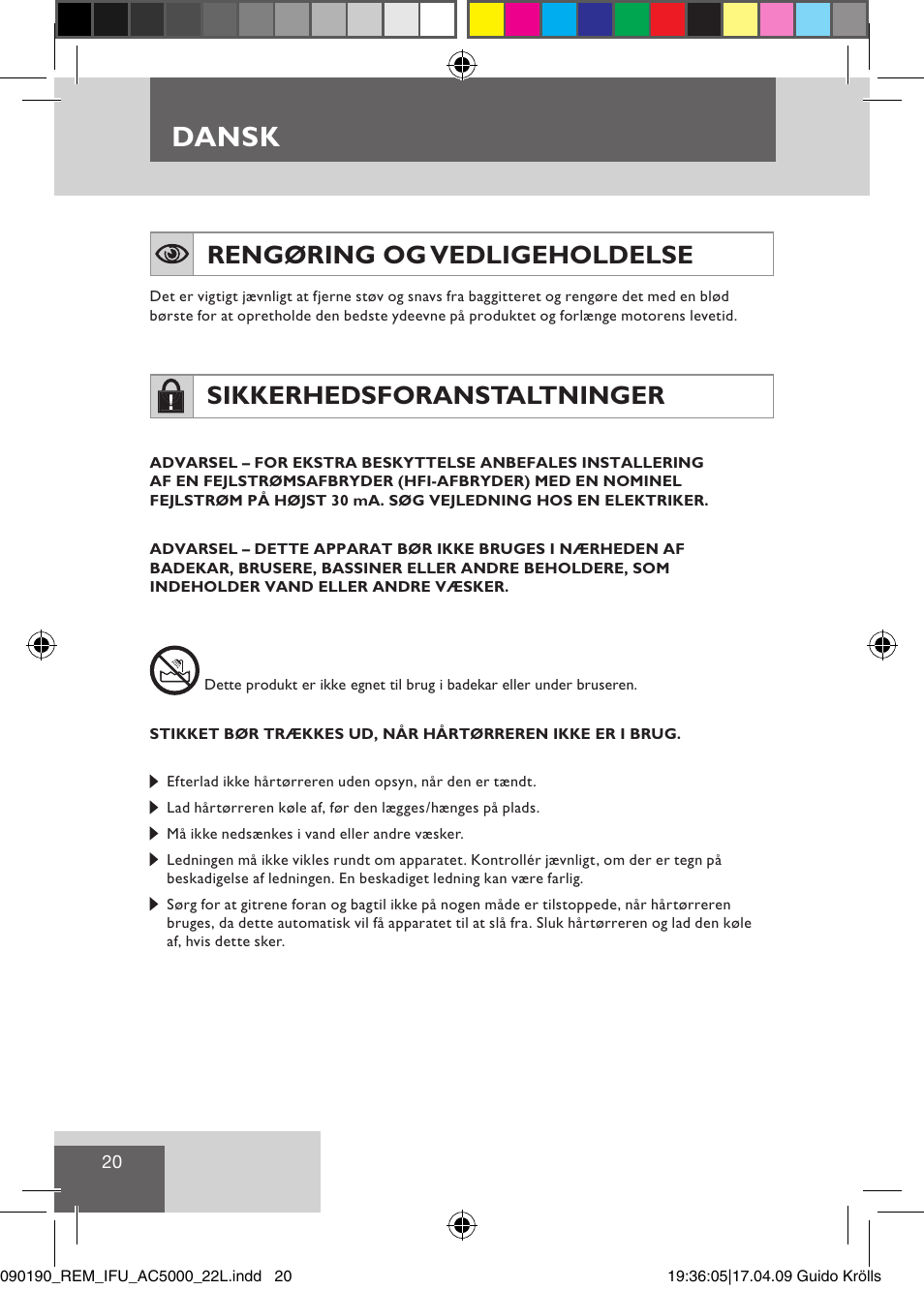 Dansk, Rengøring og vedligeholdelse, Sikkerhedsforanstaltninger | Remington AC5011 User Manual | Page 22 / 68