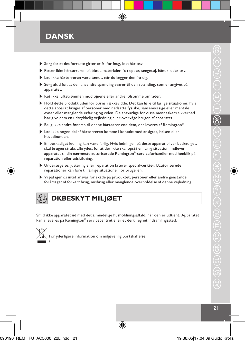 Dansk, Dk beskyt miljøet | Remington AC5011 User Manual | Page 23 / 68