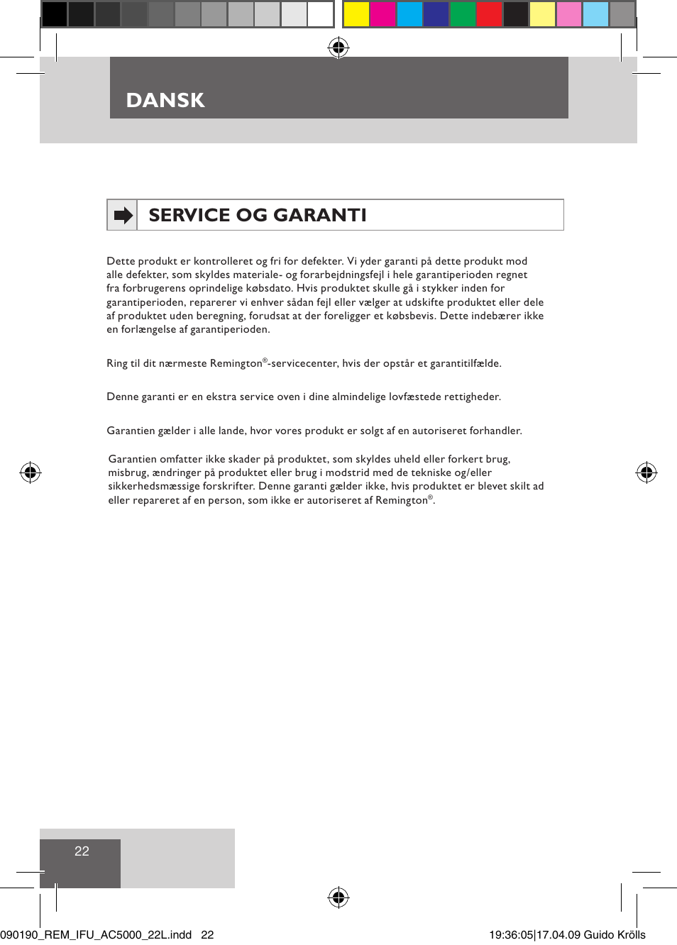 Dansk, Service og garanti | Remington AC5011 User Manual | Page 24 / 68