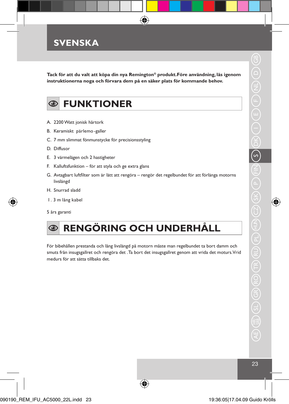 Funktioner, Rengöring och underhåll, Svenska | Remington AC5011 User Manual | Page 25 / 68