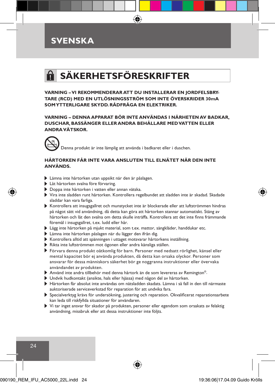 Säkerhetsföreskrifter, Svenska | Remington AC5011 User Manual | Page 26 / 68