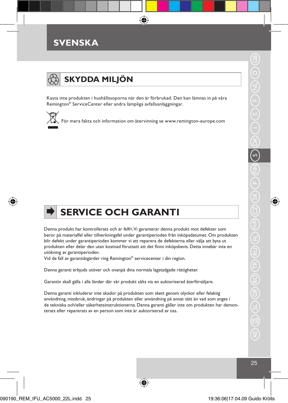 Service och garanti, Svenska, Skydda miljön | Remington AC5011 User Manual | Page 27 / 68