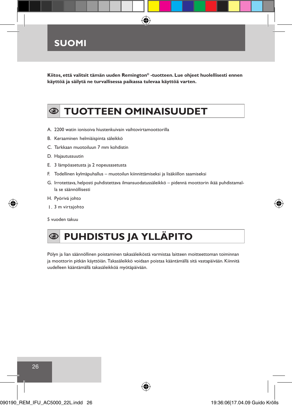 Tuotteen ominaisuudet, Puhdistus ja ylläpito, Suomi | Remington AC5011 User Manual | Page 28 / 68