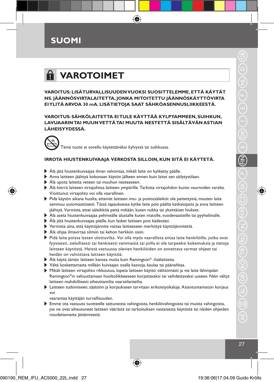 Varotoimet, Suomi | Remington AC5011 User Manual | Page 29 / 68