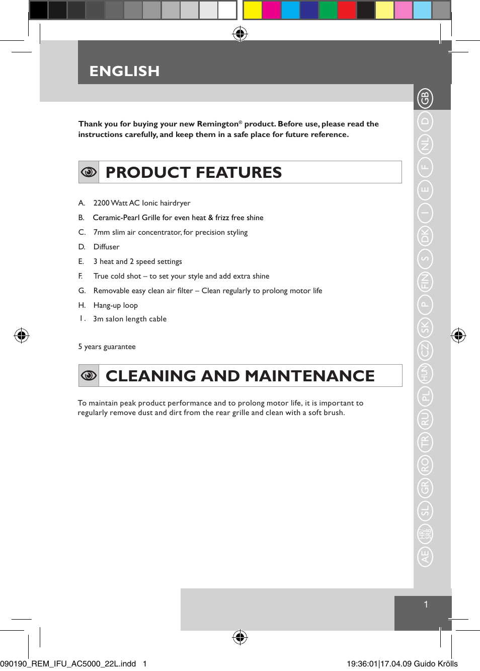 Product features, Cleaning and maintenance, English | Remington AC5011 User Manual | Page 3 / 68