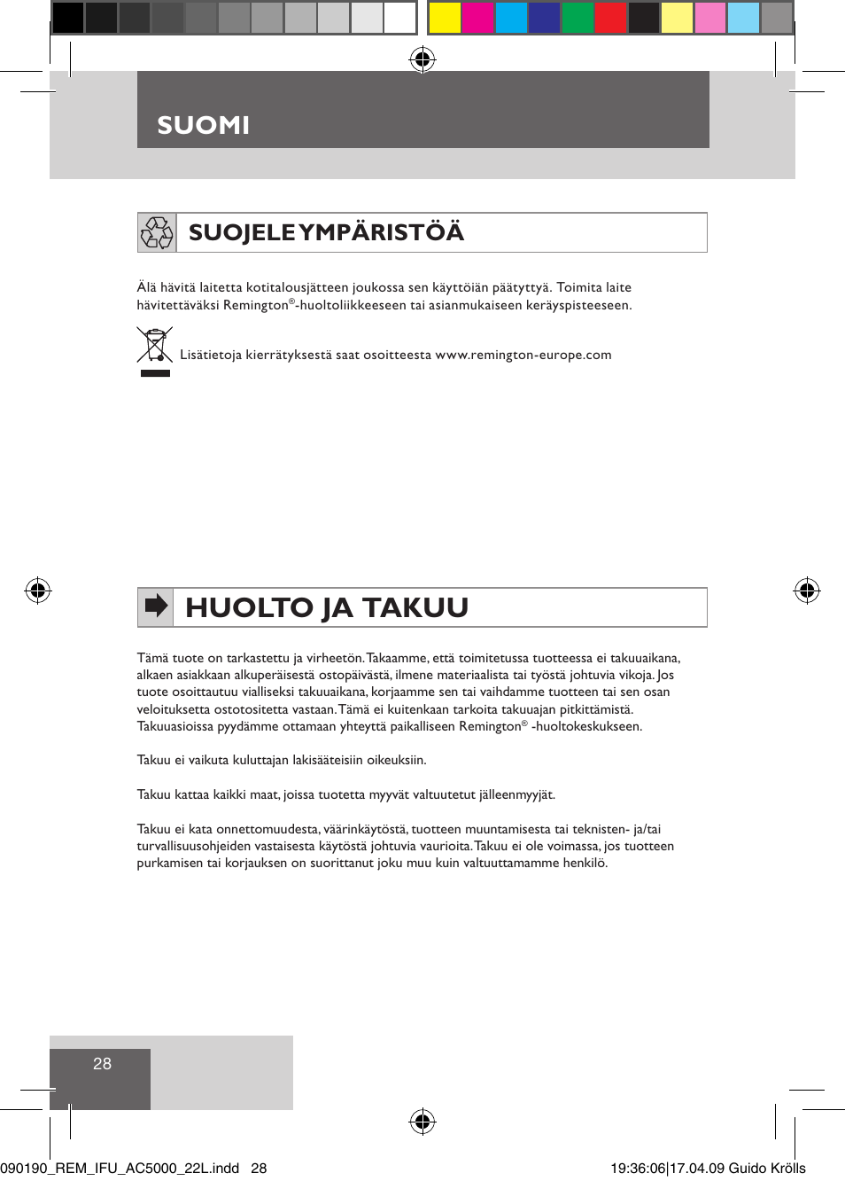 Huolto ja takuu, Suomi, Suojele ympäristöä | Remington AC5011 User Manual | Page 30 / 68